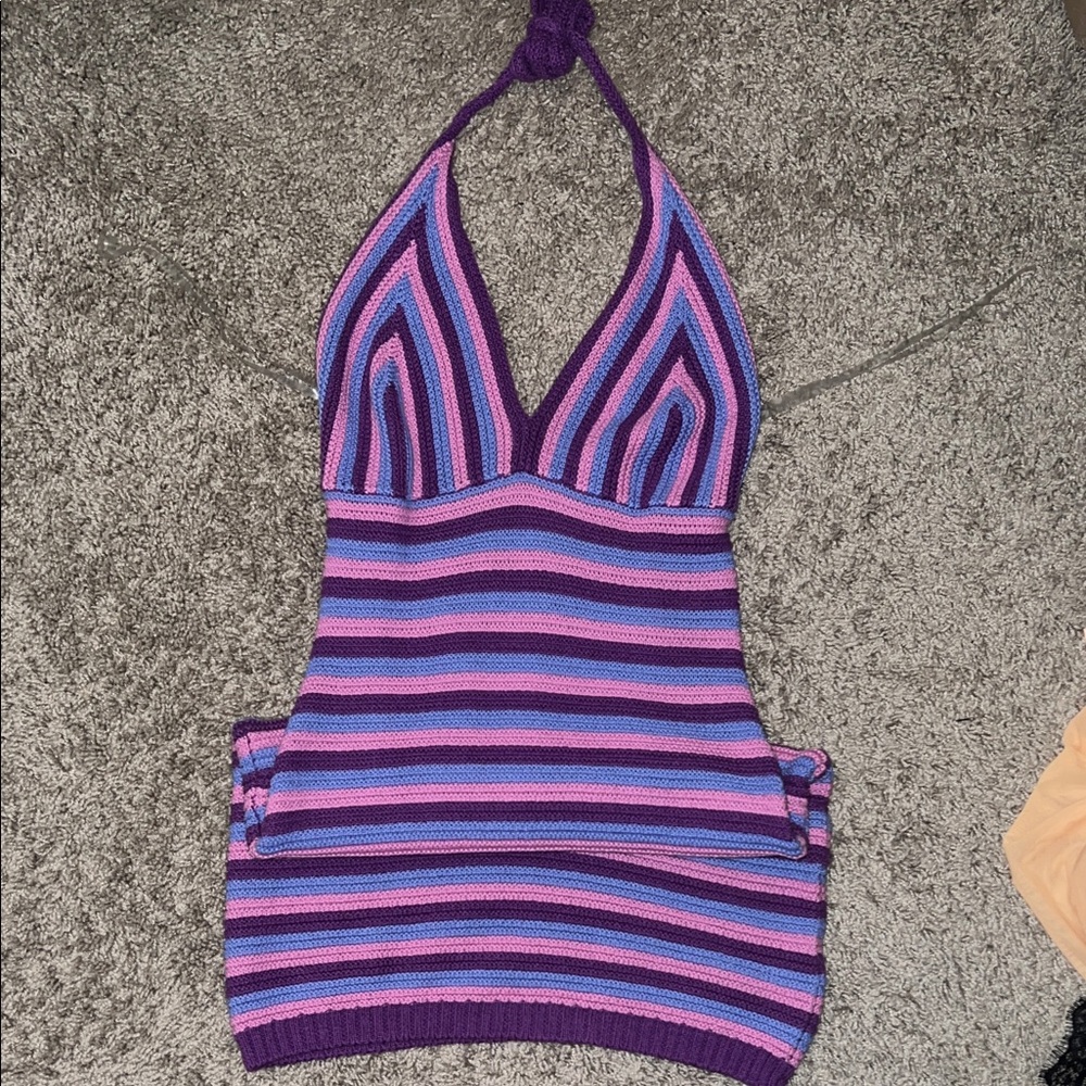 Striped Halter Backless Knit Dress in Purple and Blue
